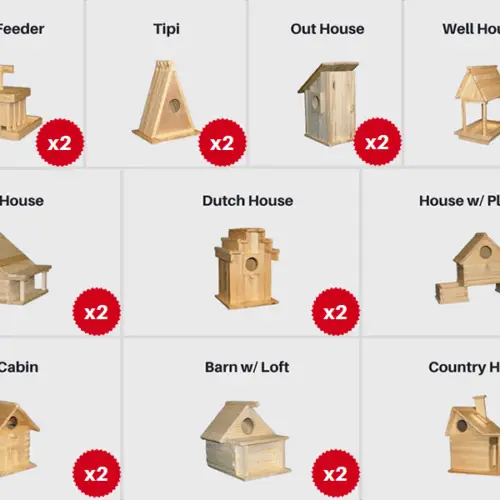 20-pack handcrafted wood building kits – 10 styles, 2 each
